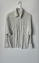 Load image into Gallery viewer, Mango Womens Green White Striped Collared Long Sleeve Button-Up Shirt Size 4
