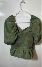 Load image into Gallery viewer, Express Womens Green Striped Short Puff Sleeve Peplum Cropped Blouse Top Size M
