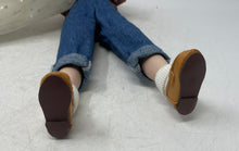 Load image into Gallery viewer, Plaid Shirt White Skirt Blonde Curly Hair Blue Jeans Porcelain Fashion Doll
