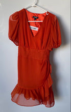 Load image into Gallery viewer, Express Womens Orange Puff Sleeve V-Neck Smocked Ruffle Hem Mini Dress Size XS
