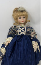 Load image into Gallery viewer, Vintage Blond Hair Gray Eyes Porcelain Girl Doll In Blue Dress &amp; Shoes
