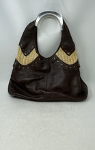 Load image into Gallery viewer, Kate Landry Womens Brown Leather Double Handle Zip Top Lined Studded Hobo Bag
