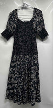 Load image into Gallery viewer, Zara Womens Black Leaf Print 3/4 Sleeve Smocked Square Neck Midi Dress Size S
