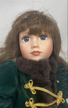 Load image into Gallery viewer, Vintage Franklin Heirloom Porcelain Green Coat Brown Hair Blue Eyes Doll
