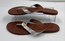 Load image into Gallery viewer, Authentic Tory Burch Womens Silver Brown Leather Flat Flip-Flop Sandals Size 6M
