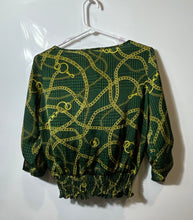 Load image into Gallery viewer, Michael Kors Womens Green Gold Chain Print Smocked Waist Blouse Top Size P
