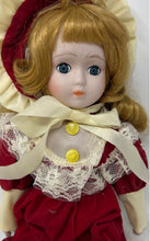 Load image into Gallery viewer, Red Dress Bonnet Lace Trim Yellow Buttons 16 Inch Collectible Porcelain Doll
