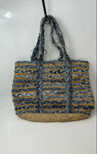 Load image into Gallery viewer, Olivia Miller Womens Ally Blue Beige Woven Denim Straw Double Handle Tote Bag
