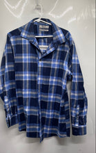 Load image into Gallery viewer, Murano Mens Blue Plaid Slim Fit Long Sleeve Collared Dress Shirt Size 17/35
