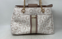Load image into Gallery viewer, Guess Womens White Brown Monogram Print Inner Pocket Satchel Handbag With Tags
