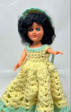 Load image into Gallery viewer, Vintage Plastic Play Doll Featuring Handmade Crochet Yellow &amp; Green Maxi Dress
