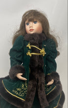 Load image into Gallery viewer, Vintage Franklin Heirloom Porcelain Green Coat Brown Hair Blue Eyes Doll
