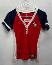 Load image into Gallery viewer, Majestic Womens Red Blue St. Louis Cardinals League Diva Star T-Shirt Size M
