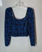 Load image into Gallery viewer, Zara Womens Blue Black Floral Ruffle Smocked Long Sleeve Blouse Top Size M
