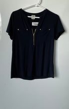 Load image into Gallery viewer, Anne Klein Womens Dark Navy Short Sleeve Partial Front Zip Blouse Top Size Small
