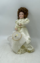 Load image into Gallery viewer, Antique Brown Curly Hair Gray Eyes Ceramic Play Doll In Victorian Maxi Dress
