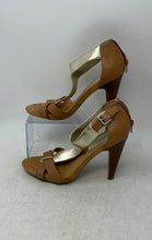 Load image into Gallery viewer, Nine West Womens Nosashay Gold Brown Leather Cone Strappy Heels Size 9.5M
