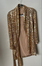 Load image into Gallery viewer, Zara Womens Gold Sequin Long Sleeve Tie Waist Short Wrap Dress Size XS

