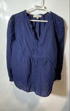 Load image into Gallery viewer, Loft Womens Blue Long Puff Sleeve Ruffle V-Neck Comfort Blouse Top Size L
