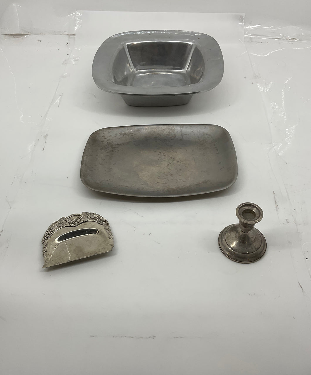 4 Pcs Silver Plated Gravy Boat Candle Holder And Crumb Tray Items Set
