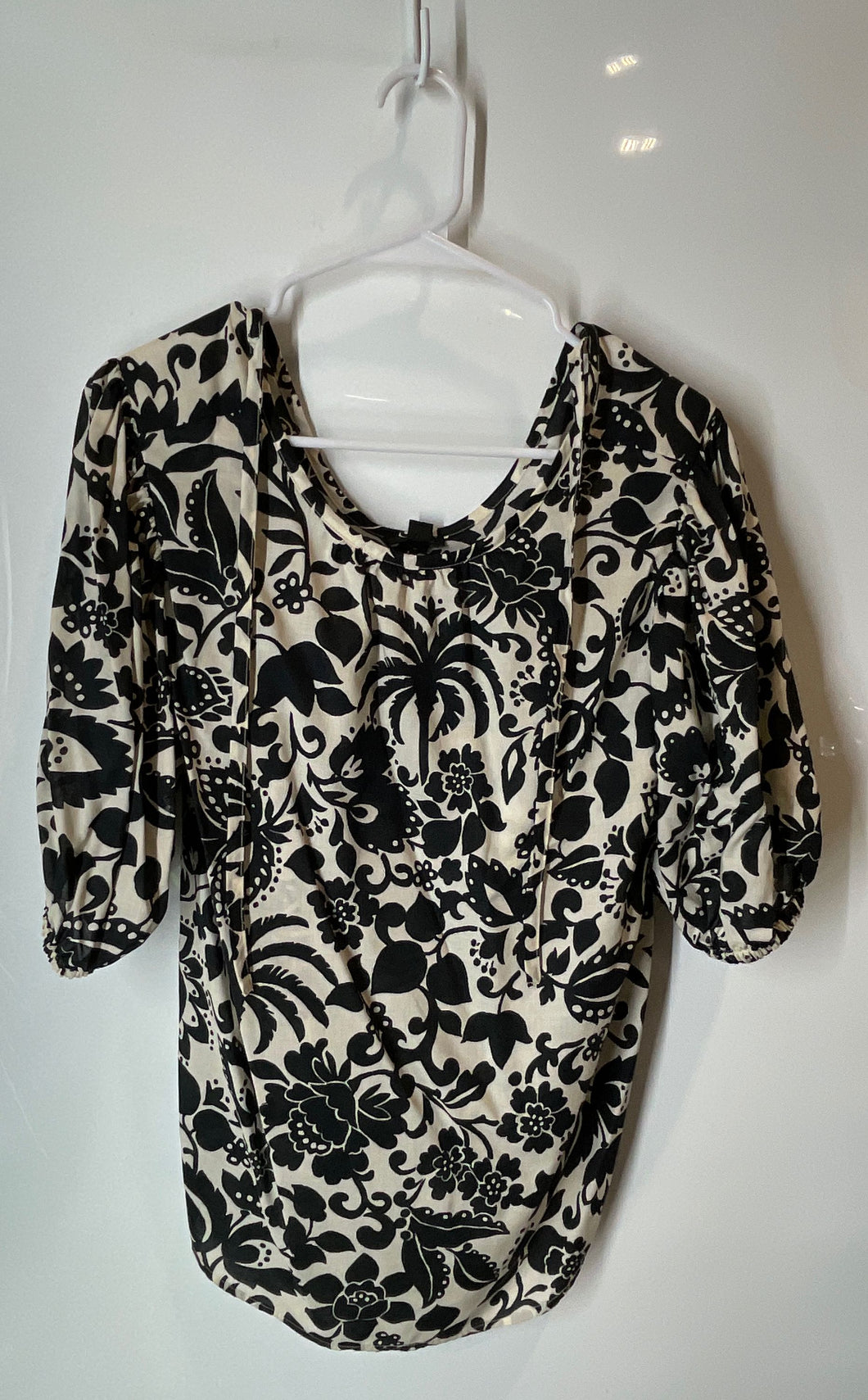 Ann Taylor Womens Black White Floral Print Puff Sleeve Blouse Top Size Medium