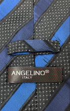 Load image into Gallery viewer, Angelino Mens Blue Black Printed Silk Adjustable Keeper Loop Designer Tie
