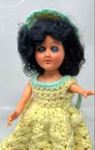 Load image into Gallery viewer, Vintage Plastic Play Doll Featuring Handmade Crochet Yellow &amp; Green Maxi Dress
