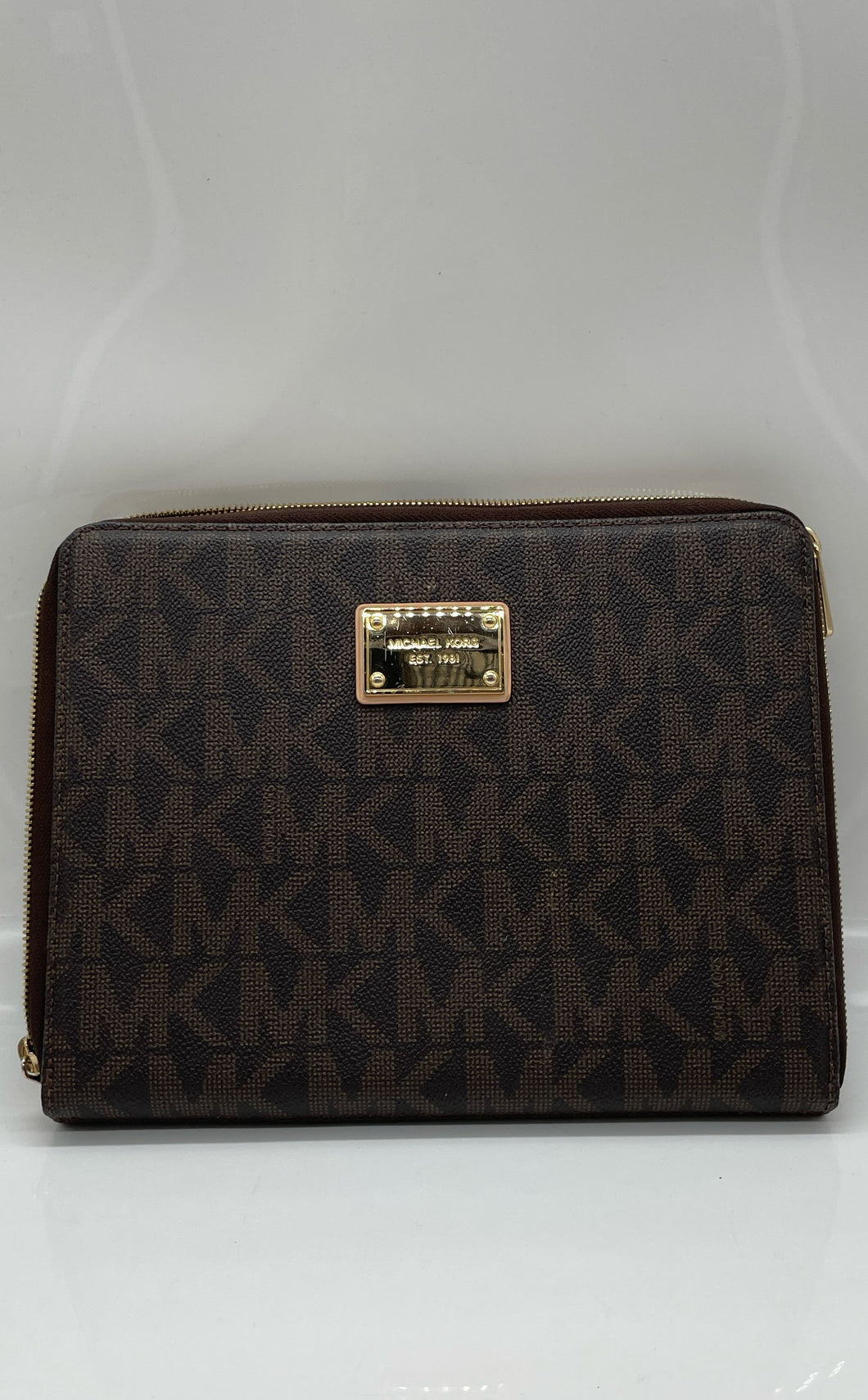 Michael Kors Womens Brown Signature Print Leather Zip-Around Tablet Cover