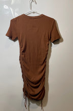 Load image into Gallery viewer, Zara Womens Brown Ruched Crew Neck Ribbed Short Sleeve Mini Dress Size Medium

