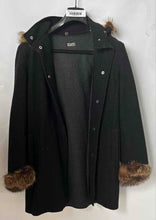 Load image into Gallery viewer, Hilary Radley Womens Black Wood Faux Fur Trim Hooded Snap Winter Coat Size 12
