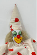 Load image into Gallery viewer, Vintage Hand-Painted Ceramic Clown Play Doll With White Red Hearts Costume
