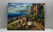 Load image into Gallery viewer, Vintage Mediterranean Coastal Sea View Terrace Canvas Oil Painting Signed
