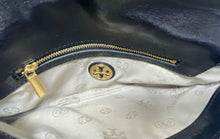 Load image into Gallery viewer, Authentic Tory Burch Womens Reva Black Leather Logo Flap Clutch Purse Damaged
