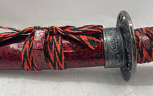 Load image into Gallery viewer, Japanese Samurai Katana Sword With Red Black Wrapped Handle &amp; Patterned Scabbard

