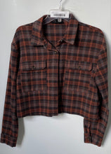 Load image into Gallery viewer, Forever 21 Womens Brown Black Plaid Long Sleeve Cropped Button-Up Shirt Size L
