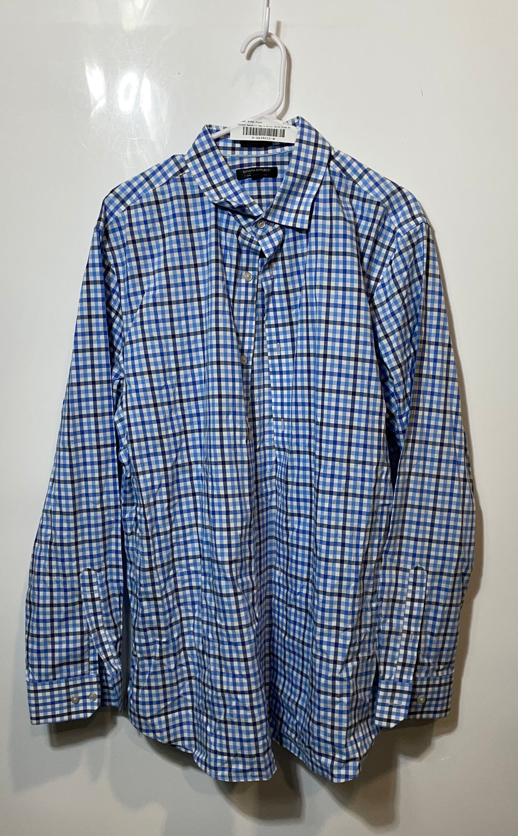 Banana Republic Mens Blue Check Grant Fit Non Iron Cotton Button-Up Shirt Sz XL
