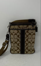 Load image into Gallery viewer, Coach Womens Brown Beige Signature Stripe Swingpack Charm Crossbody Handbag
