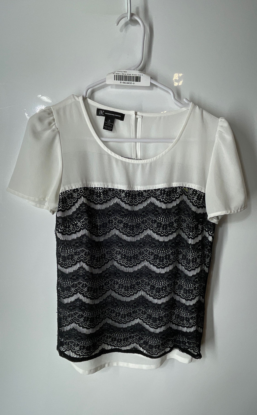 INC International Concepts Womens White Black Lace Overlay Blouse Top Size 8