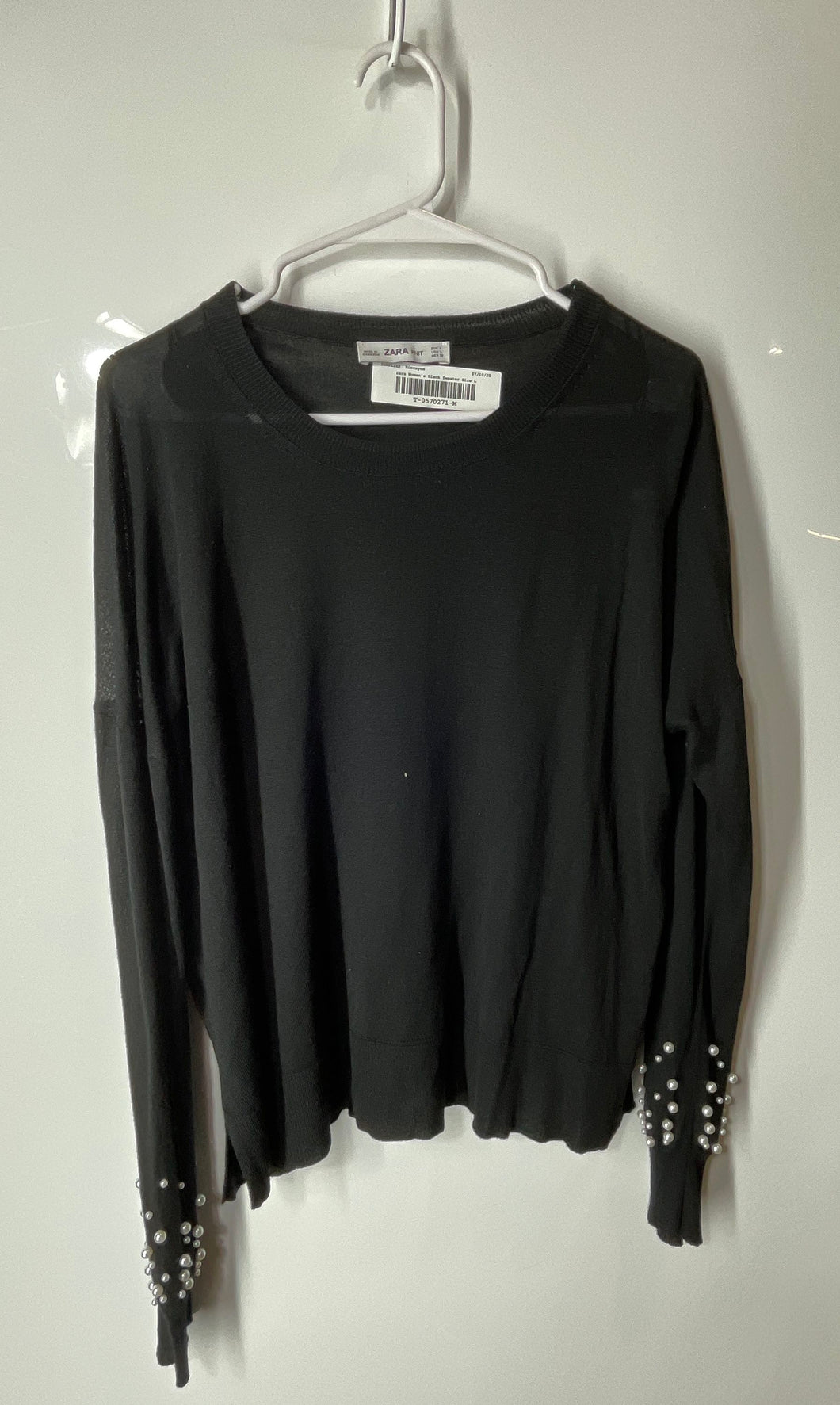 Zara Womens Black Pearl Embellished Knitted Pullover Sweater Size Large