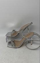 Load image into Gallery viewer, Aldo Womens Barrona Silver Rhinestone Stiletto Heel Ankle Strap Sandals Size 6
