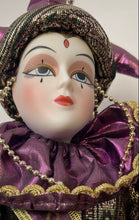 Load image into Gallery viewer, Color Purple &amp; Gold Collectible Classic Porcelain Harlequin Jester Doll
