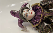 Load image into Gallery viewer, Color Purple &amp; Gold Collectible Classic Porcelain Harlequin Jester Doll
