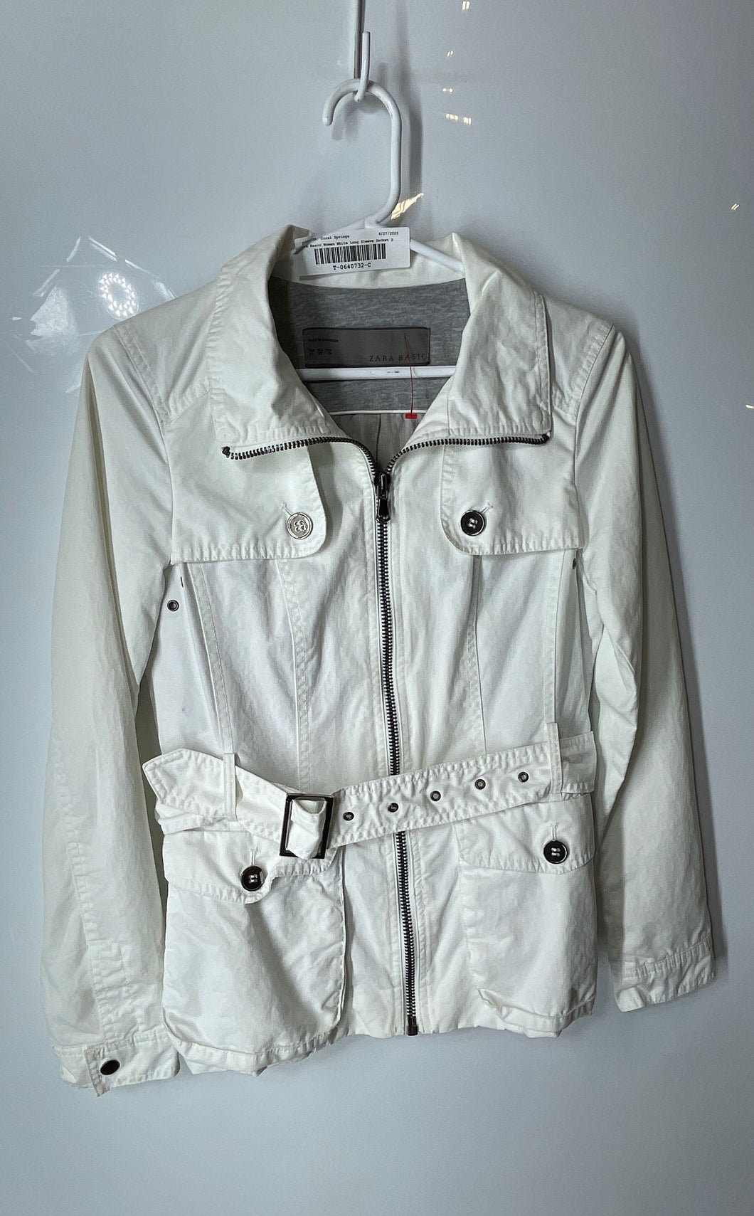Zara Basic Womens White Cotton Belted Long Sleeve Full-Zip Utility Jacket Sz XS