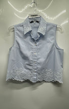 Load image into Gallery viewer, Zara Womens Blue White Striped Eyelet Sleeveless Cropped Button-Up Shirt Size M
