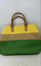 Load image into Gallery viewer, Amiani Womens Yellow Green Beige Colorblock Straw Zip Top Tote Handbag
