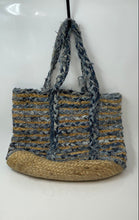 Load image into Gallery viewer, Olivia Miller Womens Ally Blue Beige Woven Denim Straw Double Handle Tote Bag
