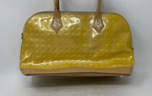 Load image into Gallery viewer, Arcadia Womens Yellow Embossed Patent Leather Monogram Zip Top Satchel Handbag
