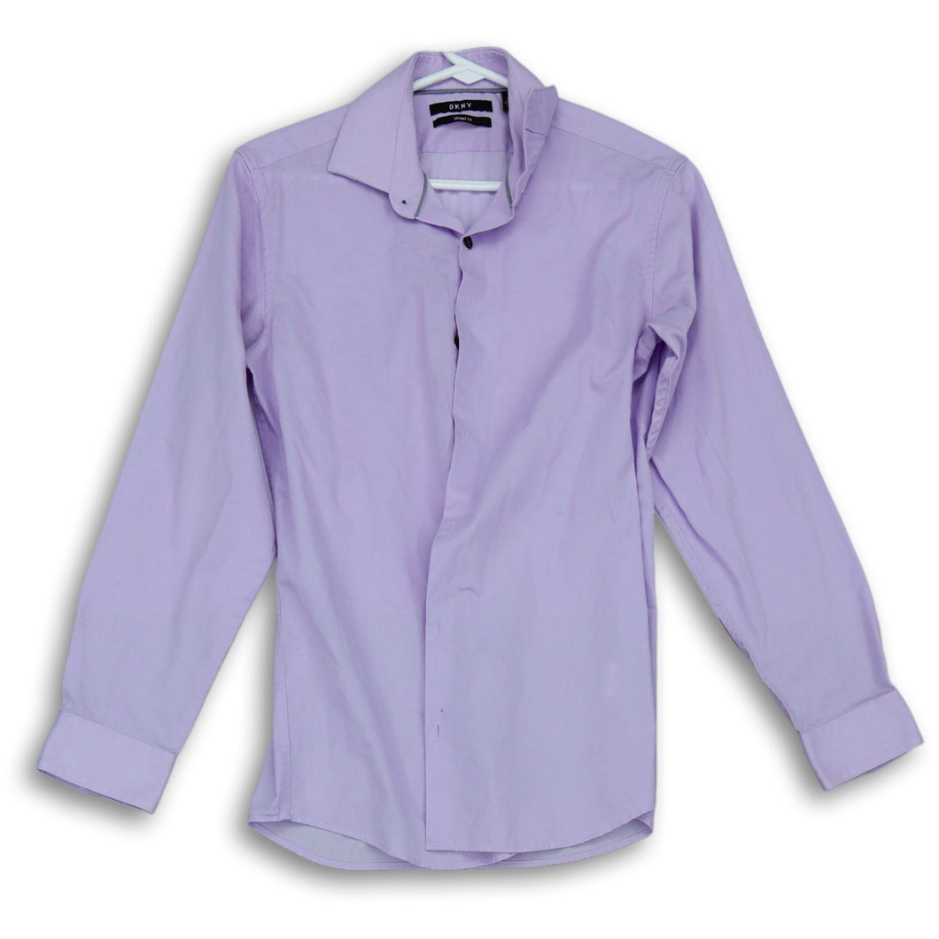 DKNY Boys Purple Skinny Fit Long Sleeve Spread Collar Button Up Shirt Size 18