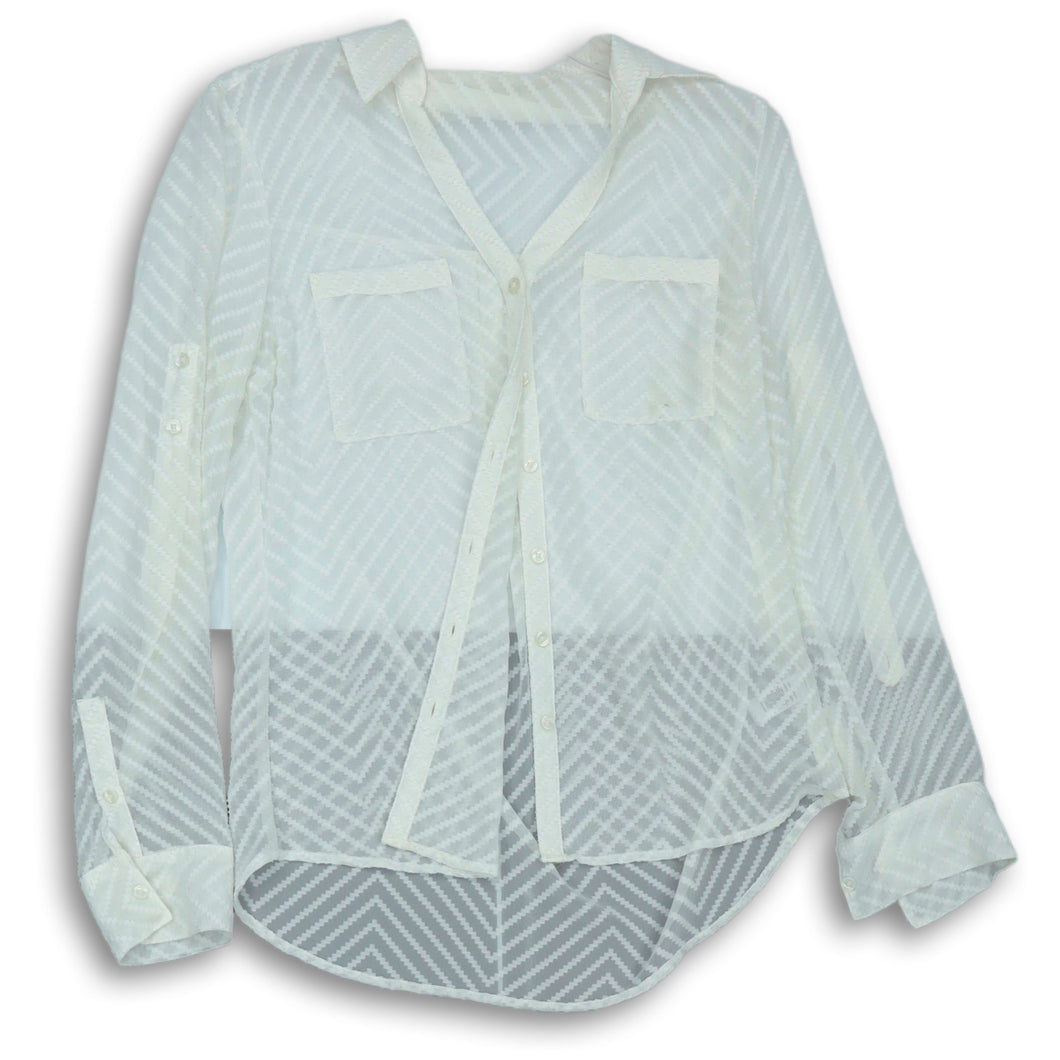 Express Womens White Chevron Collared Long Sleeve Button Up Shirt Size Small