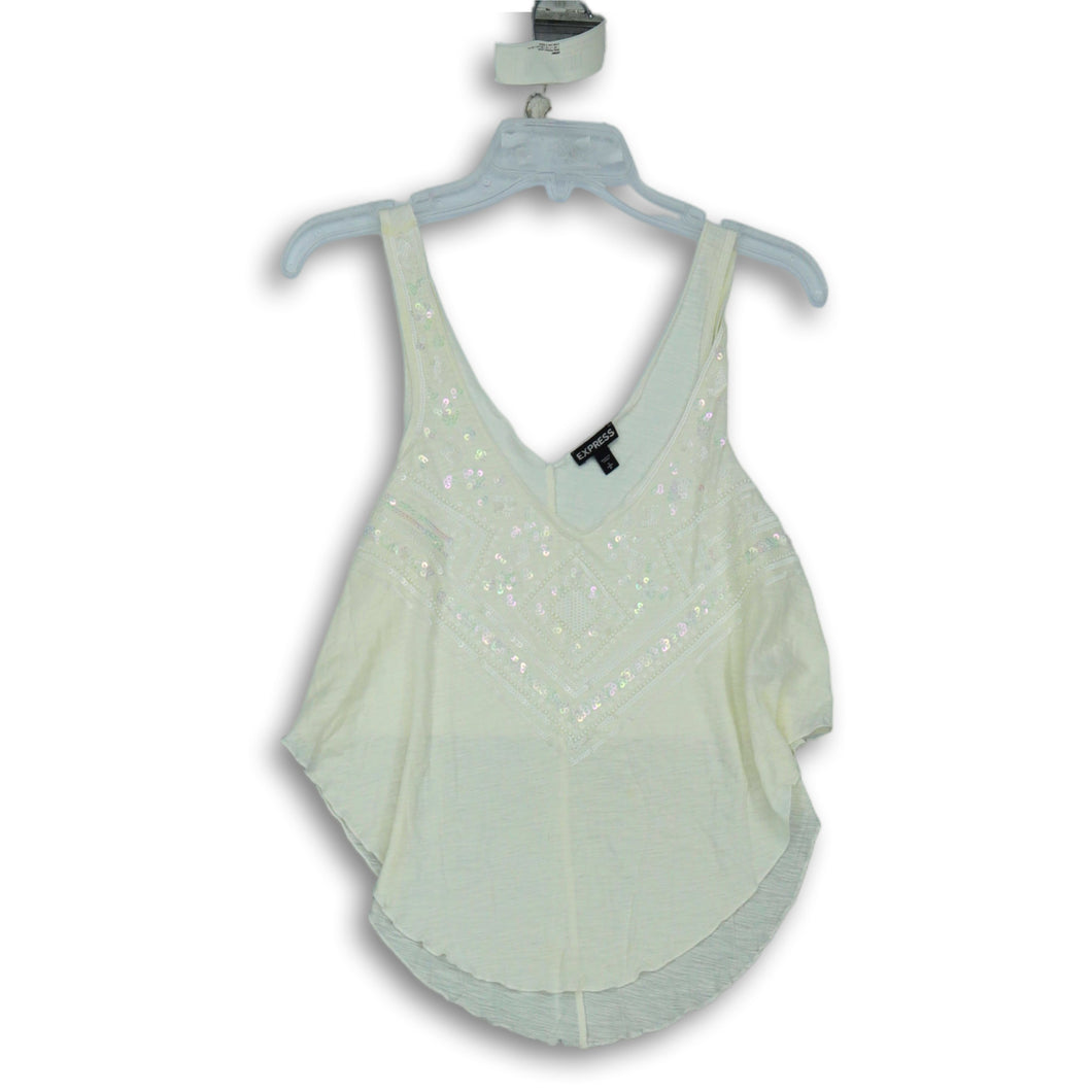 Express Womens White Sleeveless V Neck Round Hem Sequin Blouse Top Size Small